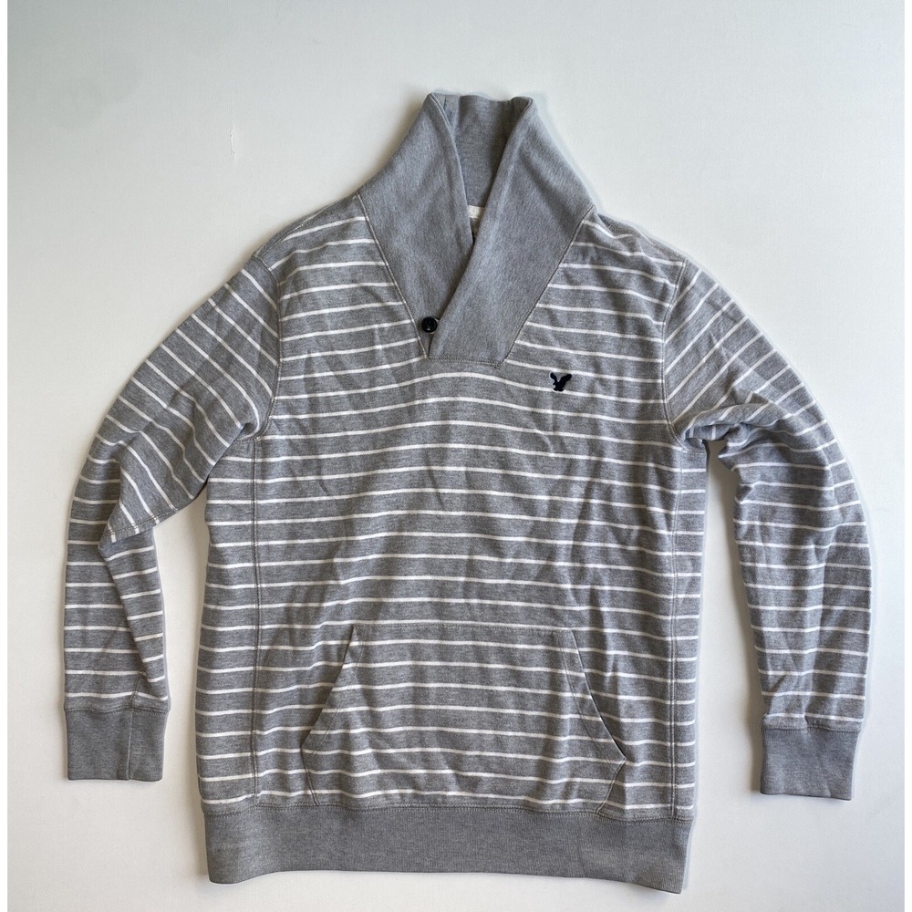 American Eagle XL Shawl Neck Sweater Gray White Stripe Kangaroo Pocket Preppy XL